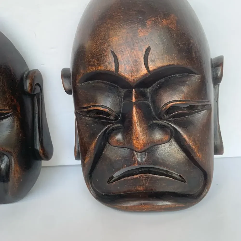 Vintage Mid Century Carved Wood Buddha Masks Wall Art